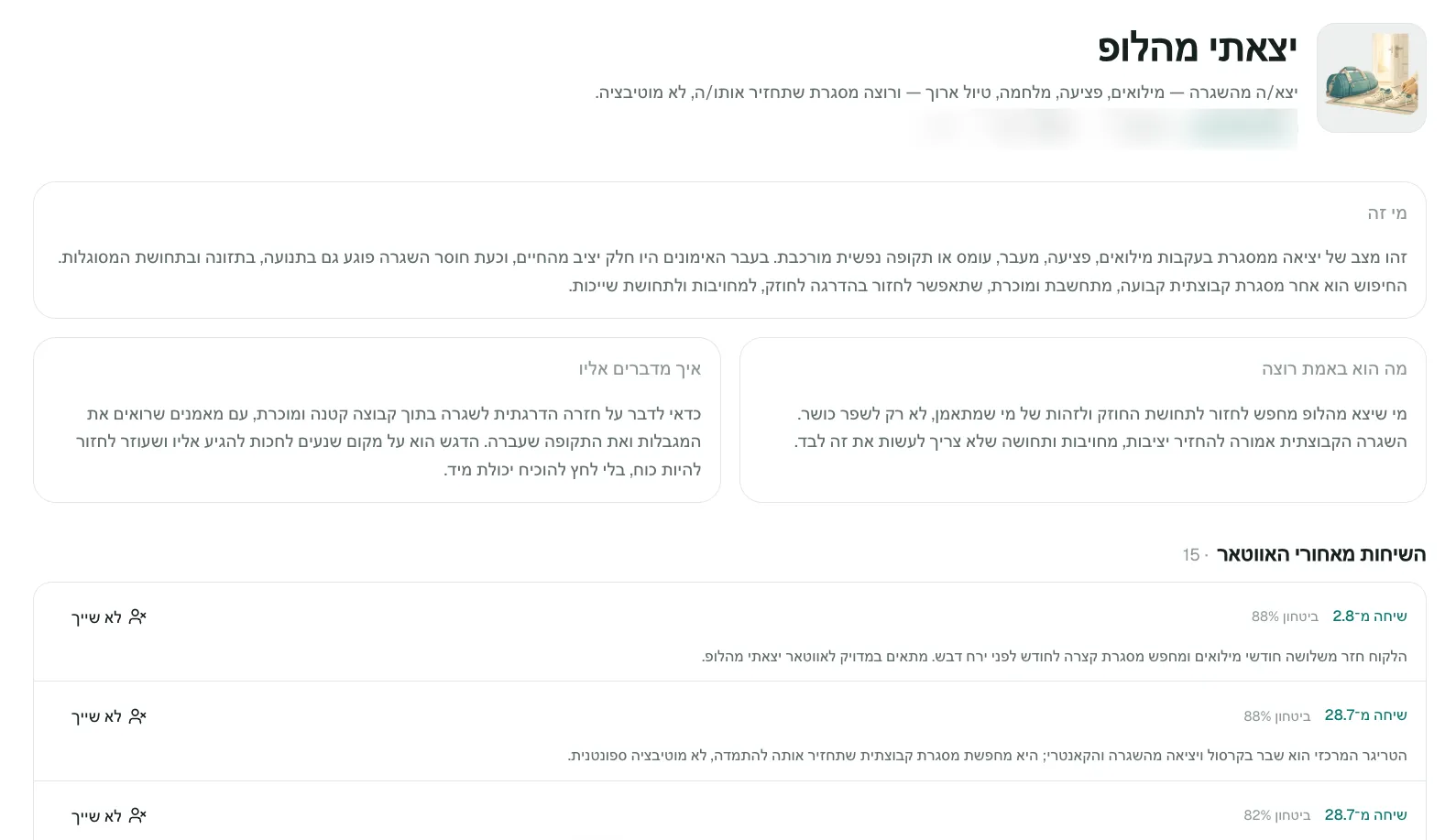 כרטיס פרסונה עם תיאור הטיפוס, איך מדברים אליו, ושיחות המקור עם אחוזי ביטחון