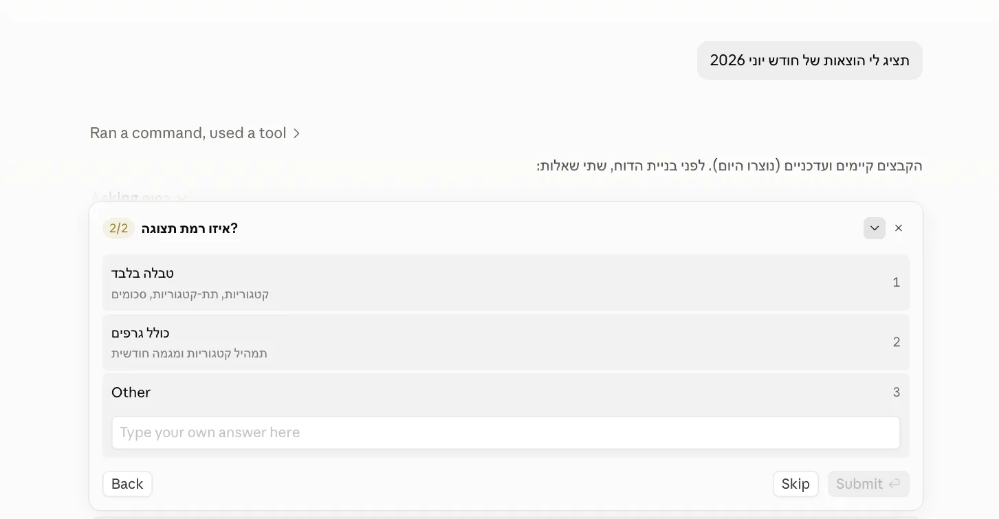 שאלת ההבהרה השנייה של ה-skill: איזו רמת תצוגה, טבלה בלבד או כולל גרפים